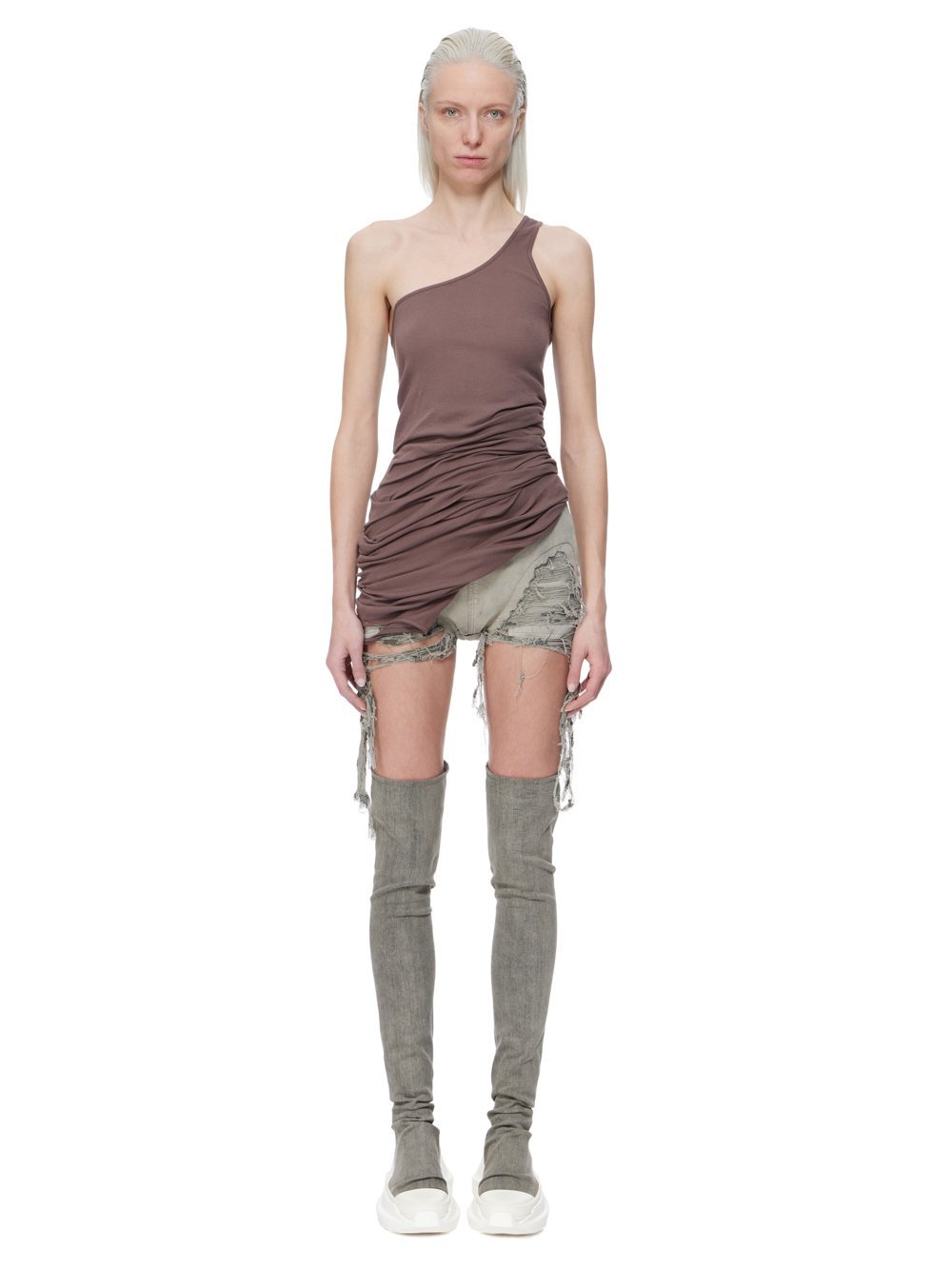 Rick Owens Drkshdw High-waisted Fringed Denim Shorts In Nude