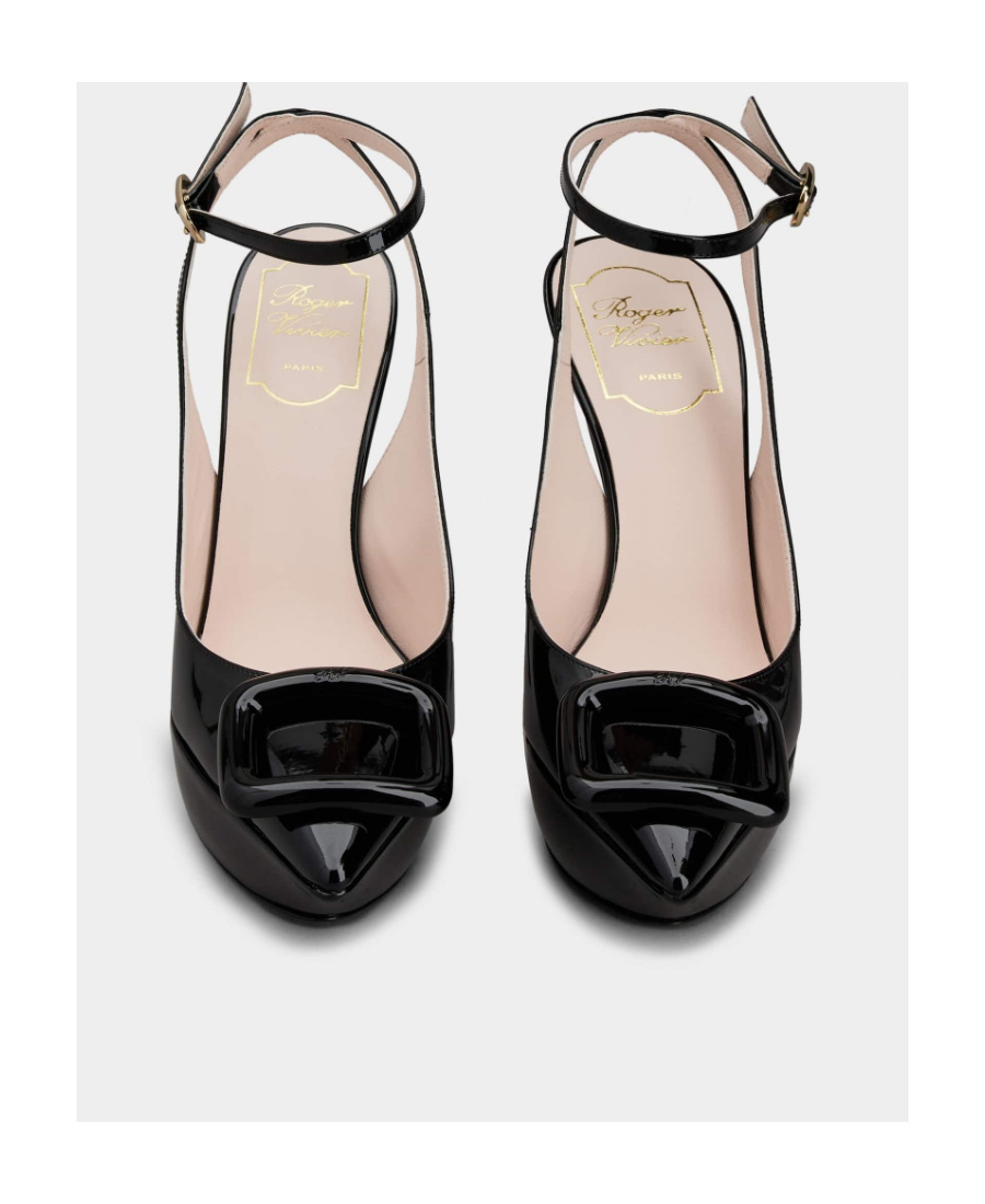Shop Roger Vivier Viv' Choc Lacquered Buckle Slingback Pumps In Patent Leather In Black