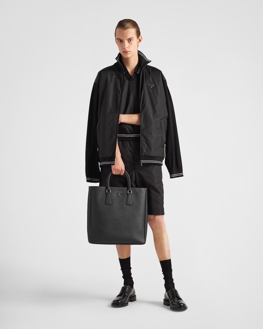 Prada Re-nylon Panelled Bomber Jacket In Black