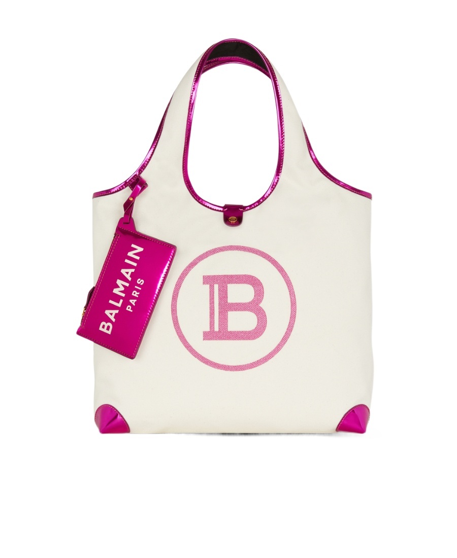 BALMAIN MIRROR-EFFECT LEATHER AND CANVAS GROCERY BAG