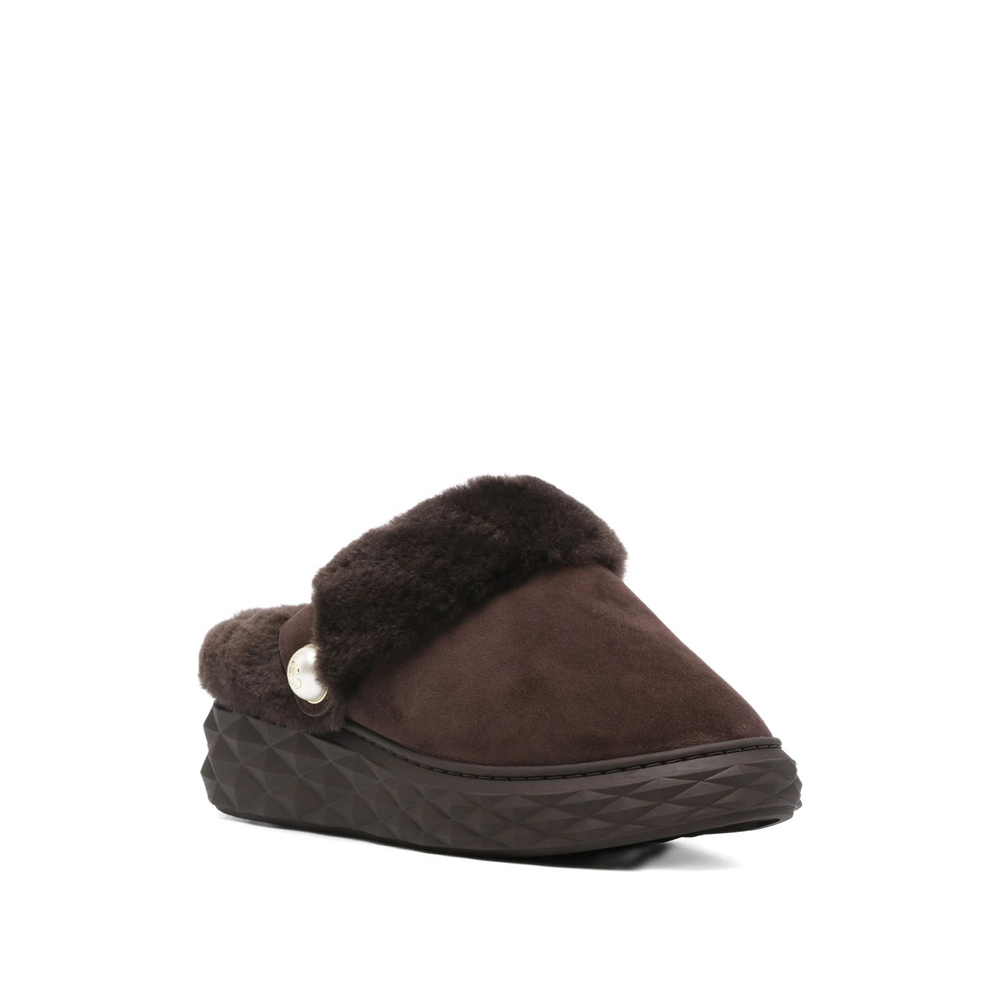 Jimmy Choo Diamond Maxi Suede-shearling Mules In Brown