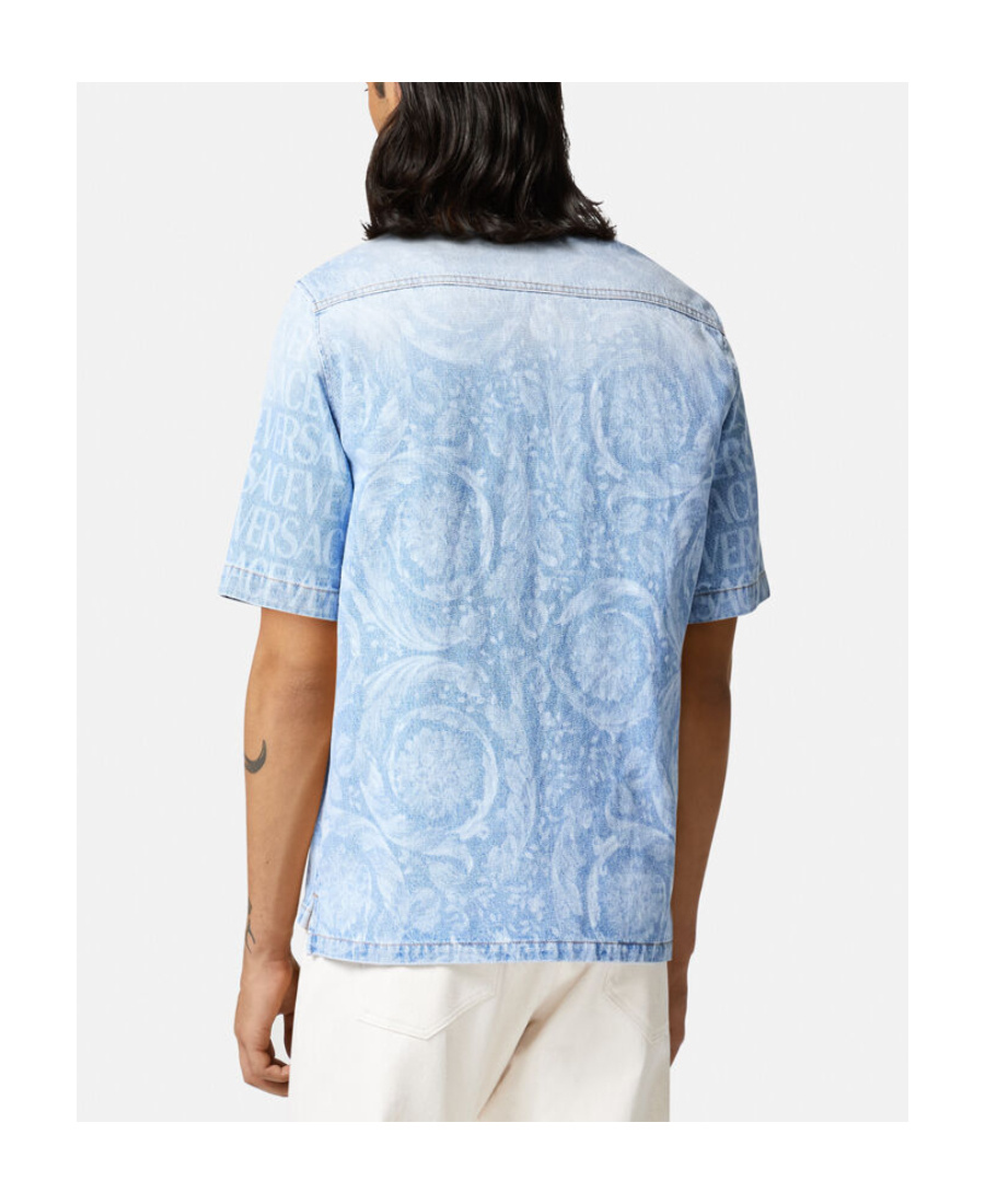Versace All-over Logo Denim Shirt In Blue