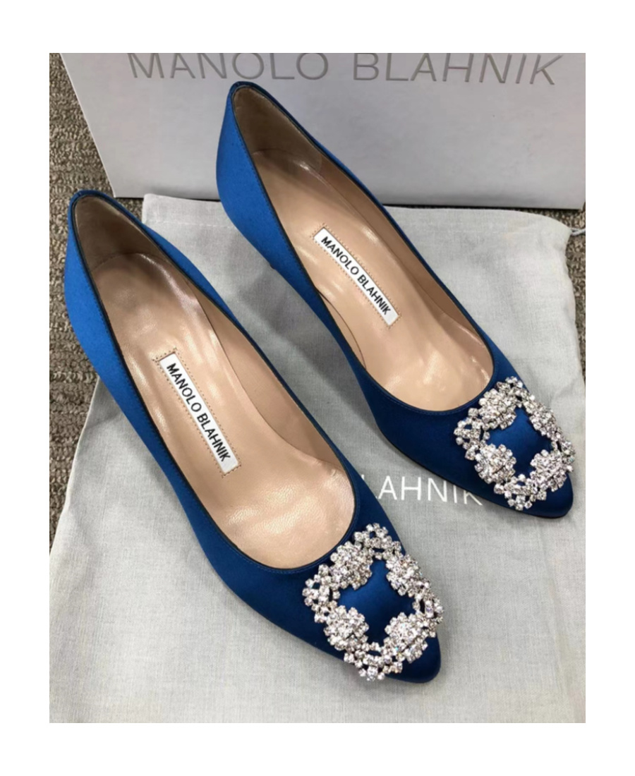 Manolo Blahnik Round Head Crystal Square Buckle Design High Heels In Multicolor