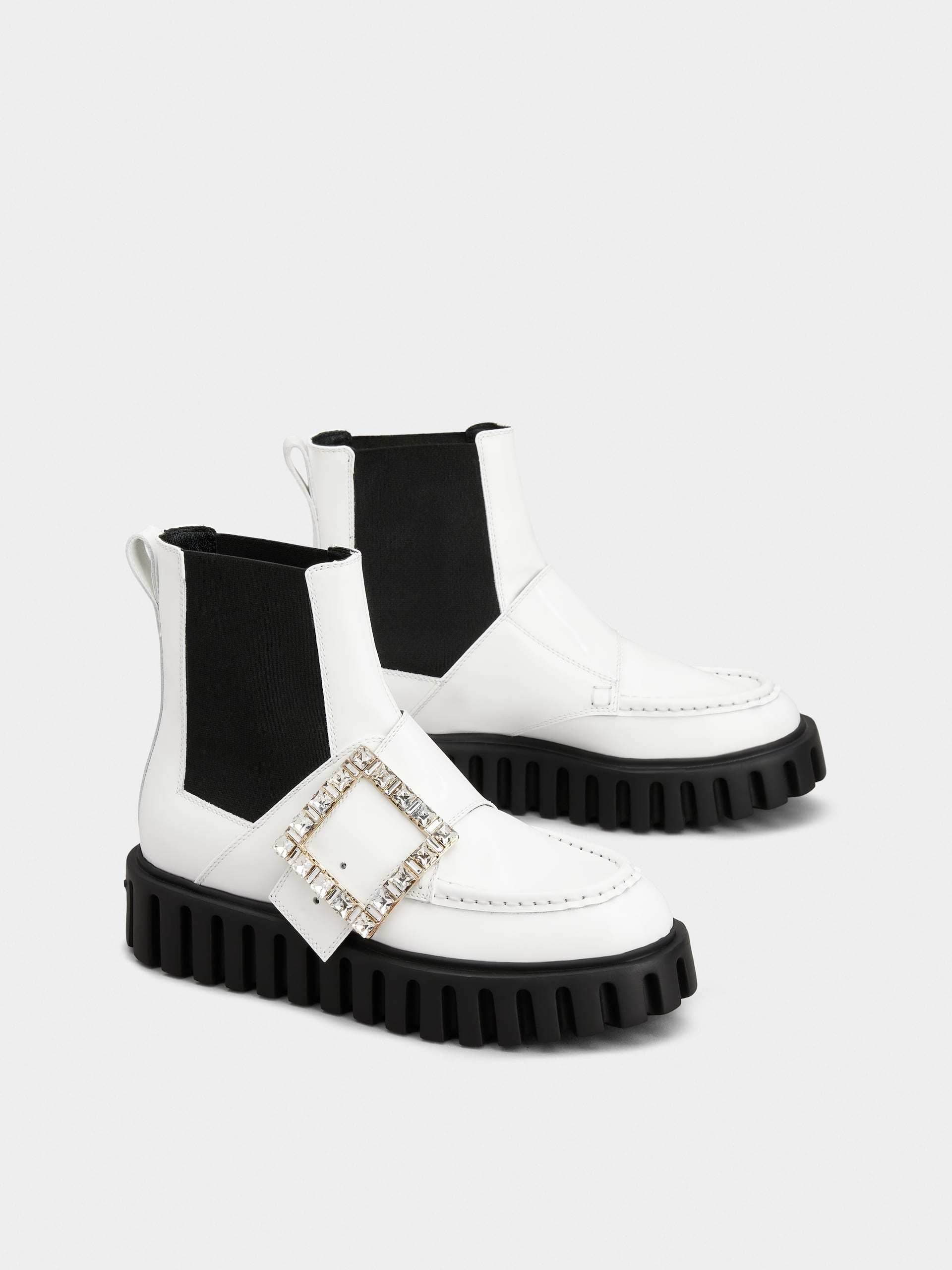 ROGER VIVIER VIV' GO-THICK STRASS BUCKLE CHEALSEA ANKLE BOOTS IN PATENT LEATHER