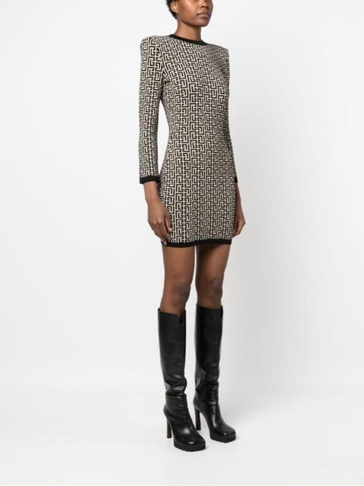 Balmain Monogram Wool-blend Knit Minidress In Black