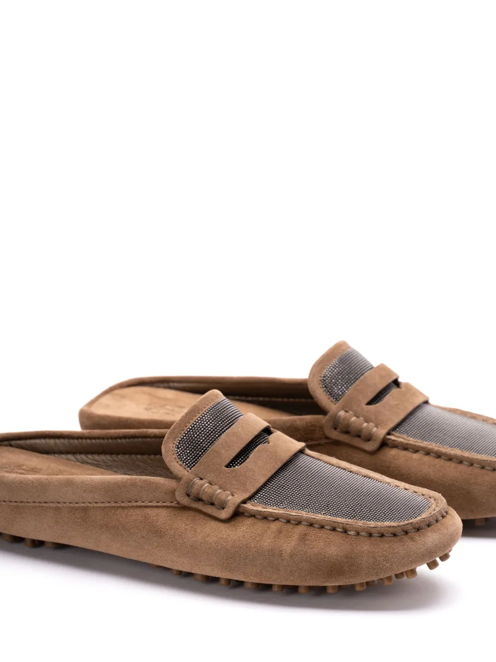 Brunello Cucinelli Suede Tapered Moccasins With Rubber Stud Sole In Brown