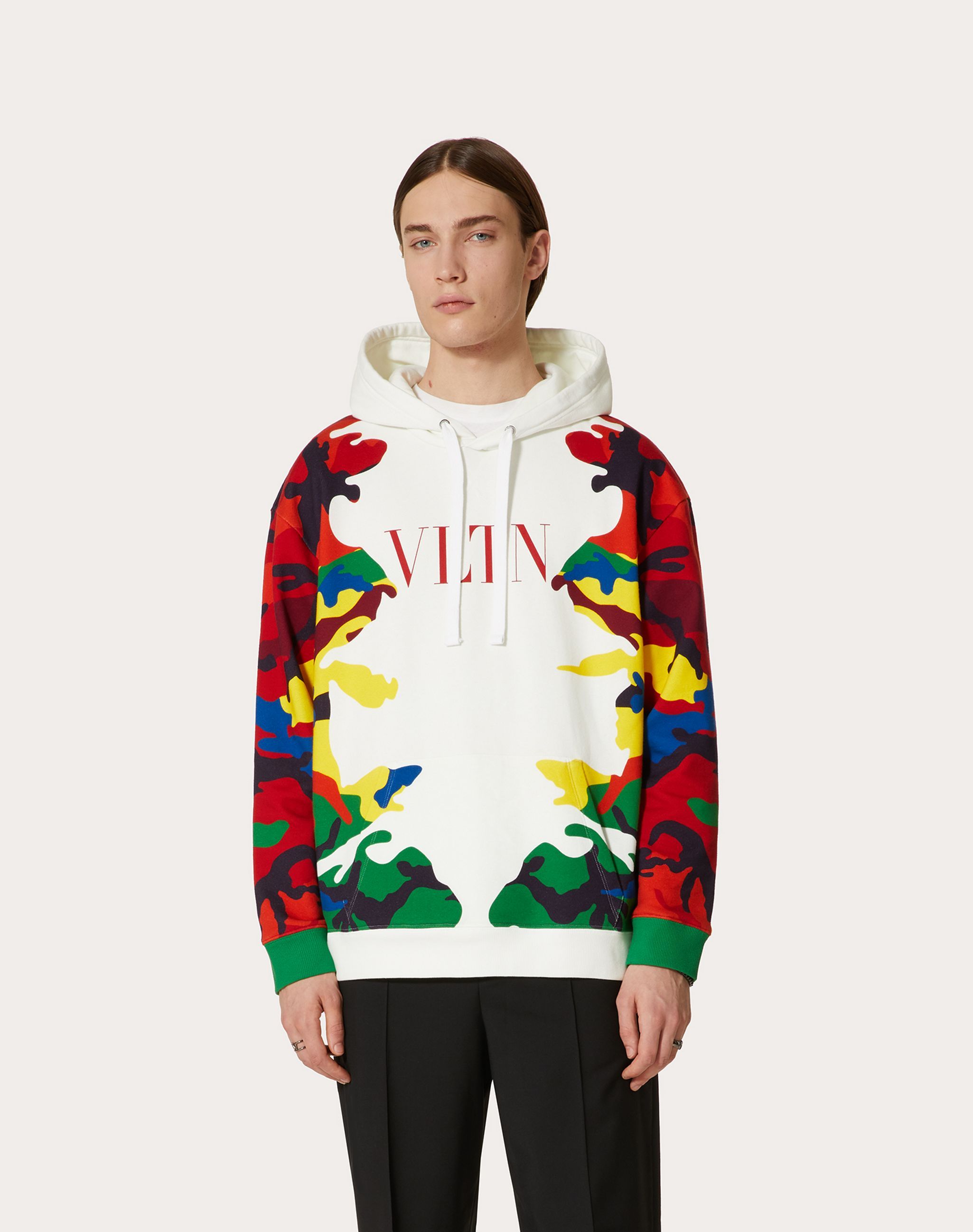 Valentino Vltn Cotton-blend Jersey Hooded Sweatshirt In White