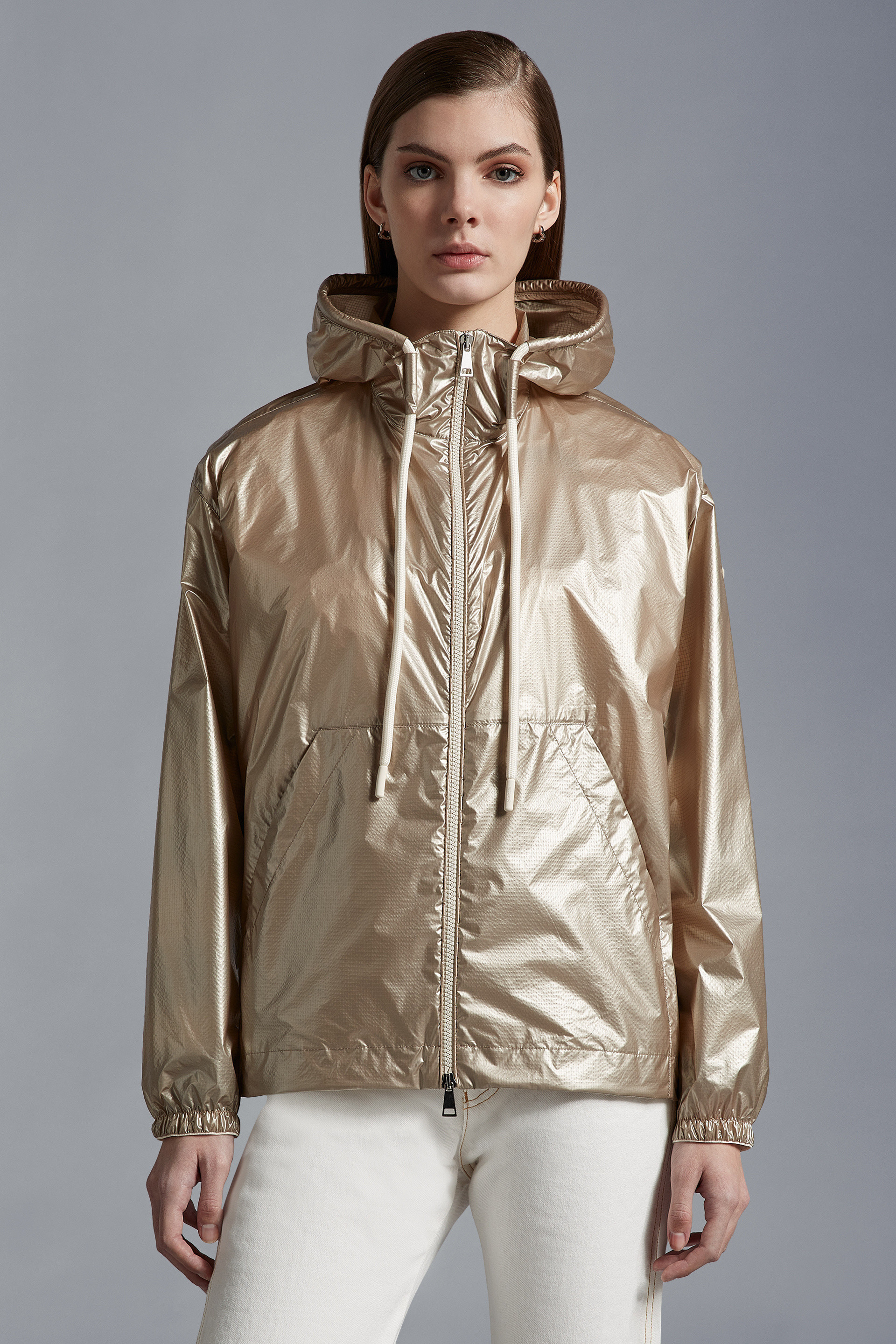 Moncler Hooded Jacket With Side Pockets And Cuffs In Neutral