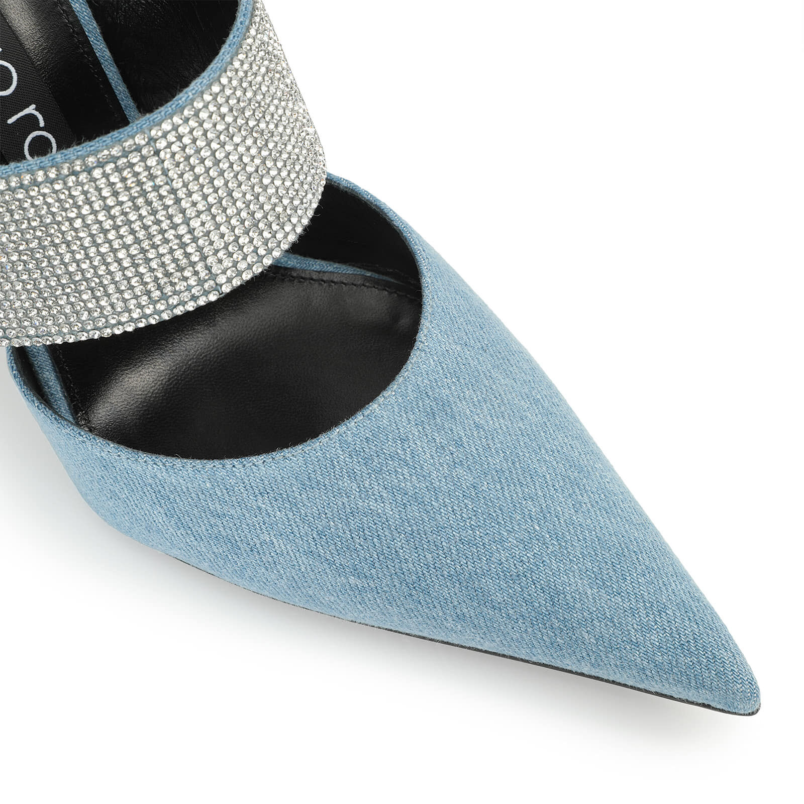 Sergio Rossi Stiletto Heel Denim Mules With Rhinestone Strap In Gray
