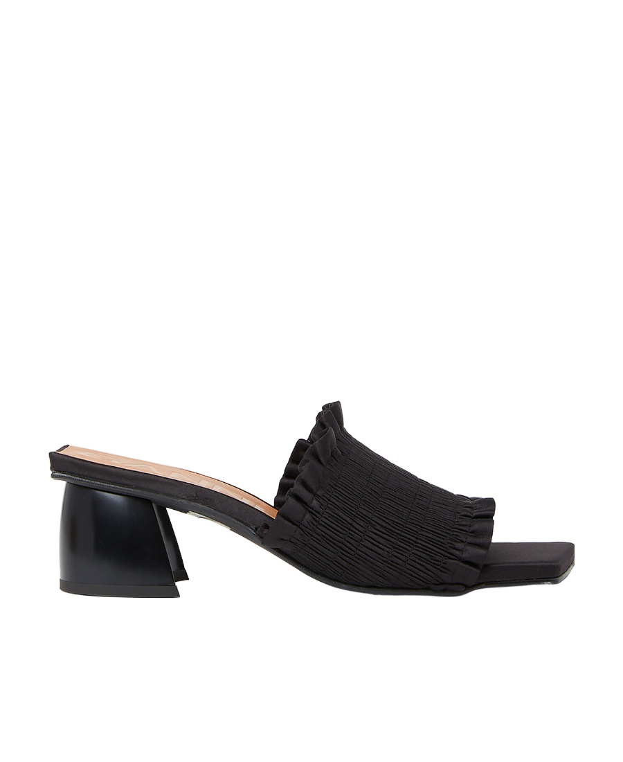 Shop Ganni Shirred Satin Mules In Black