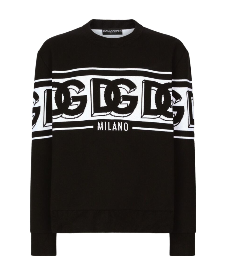 Dolce & Gabbana Black Crewneck Sweater With Dg Motif In Wool Blend Man In Black