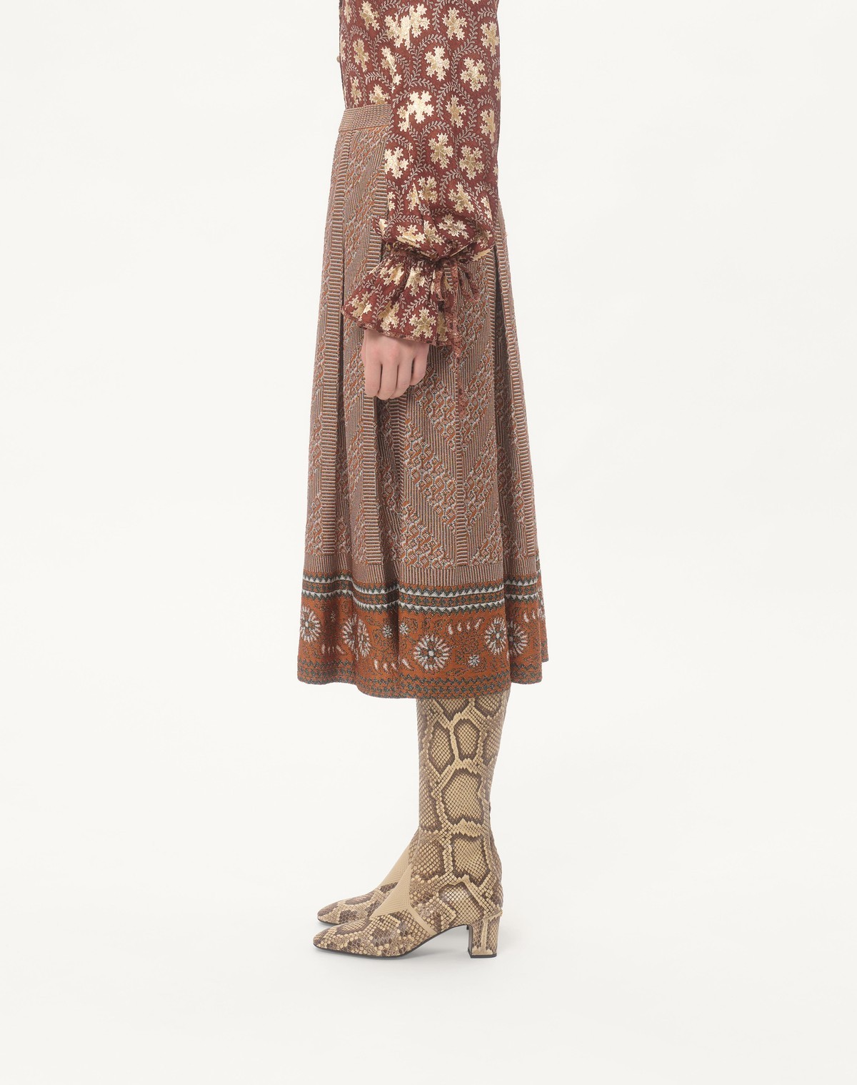Valentino Knit Lurex Midi Skirt In Brown