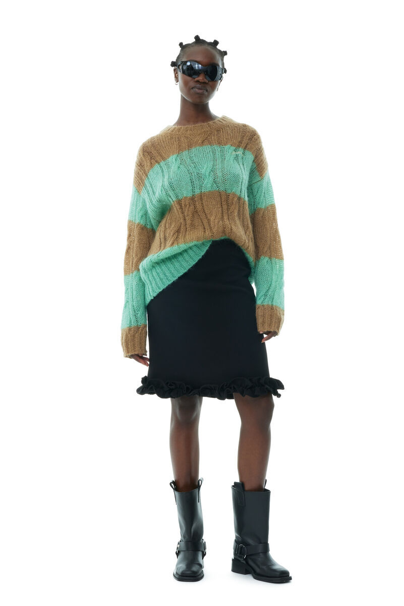 Shop Ganni Striped Mohair Cable O-neck Sweater In Green