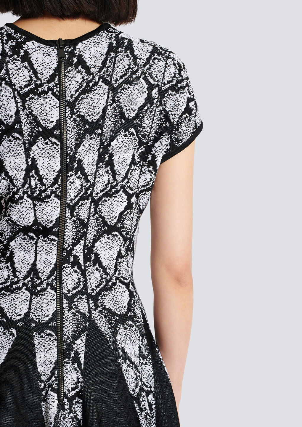 Balmain Short-sleeve Python Jacquard-knit Skater Dress In Gray