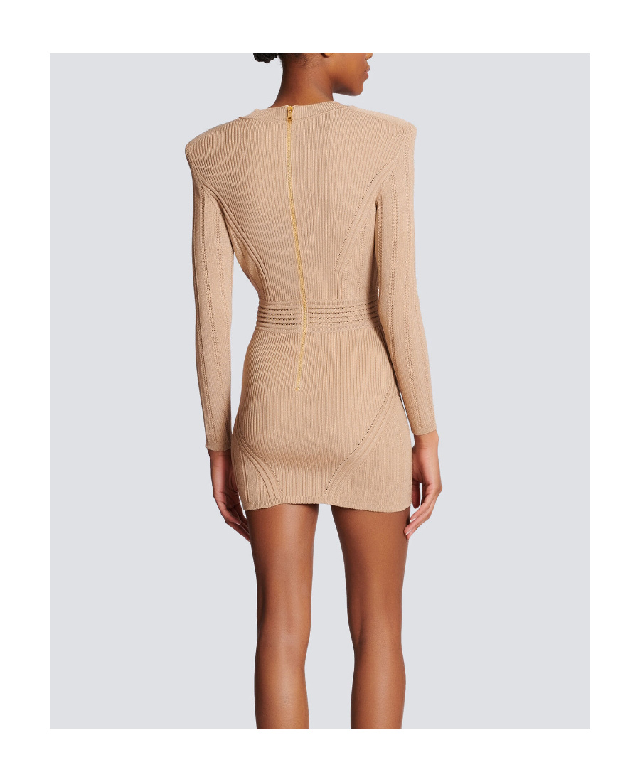 Shop Balmain Short Knit Dress With Gold Buttons In Brown