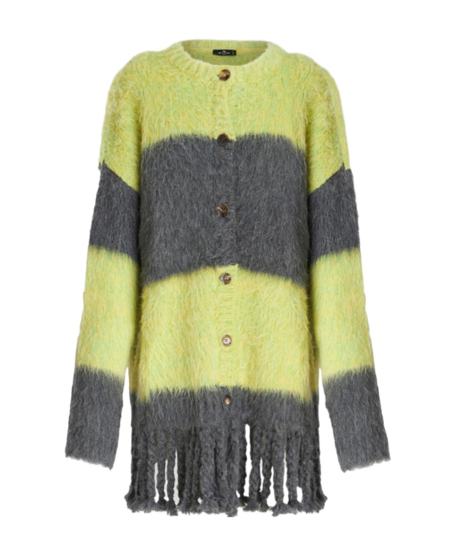 Etro Grey Grey Striped Wool Blend Cardigan In Black