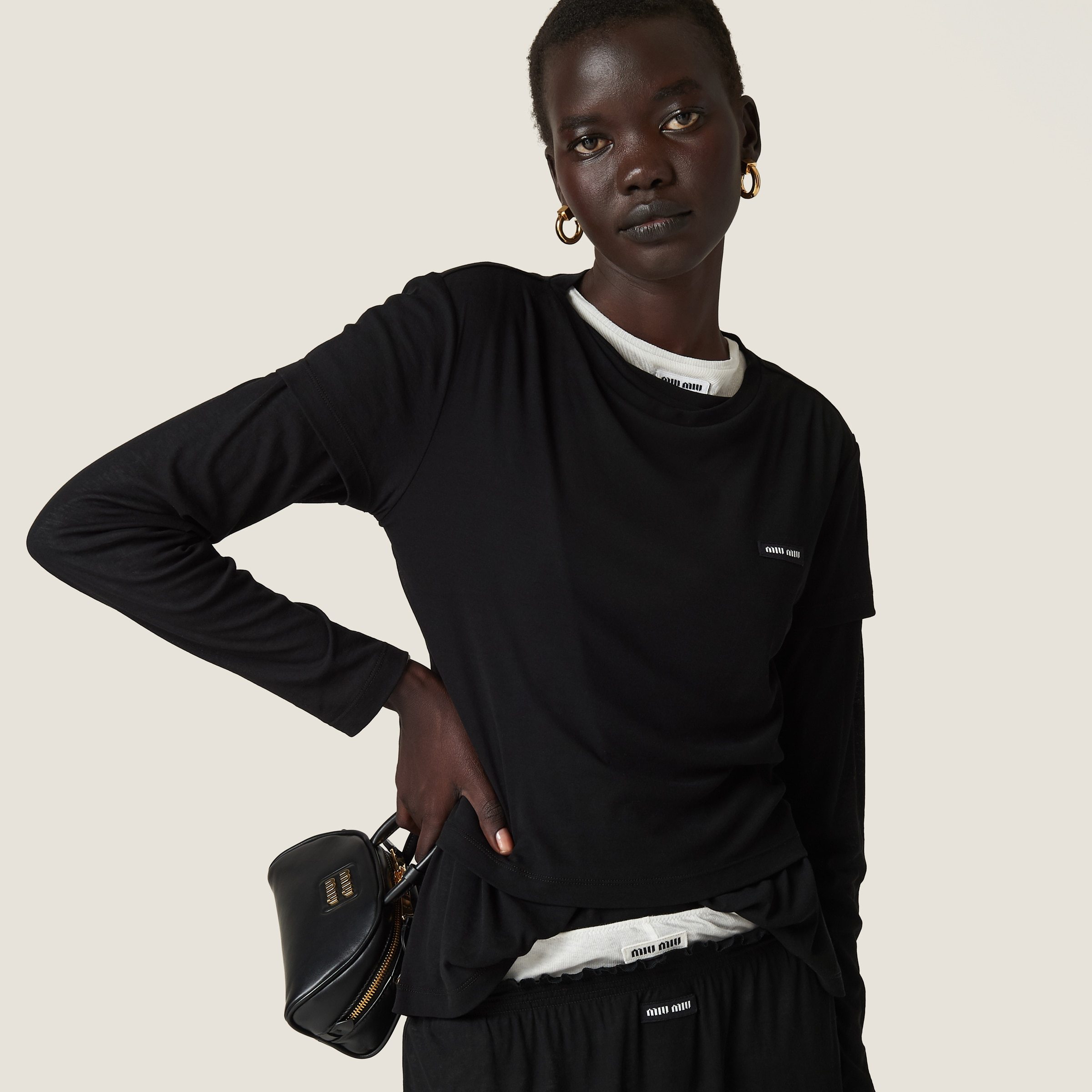 Miu Miu Cotton T Shirt Crew Neck Cropped Sheer In Black