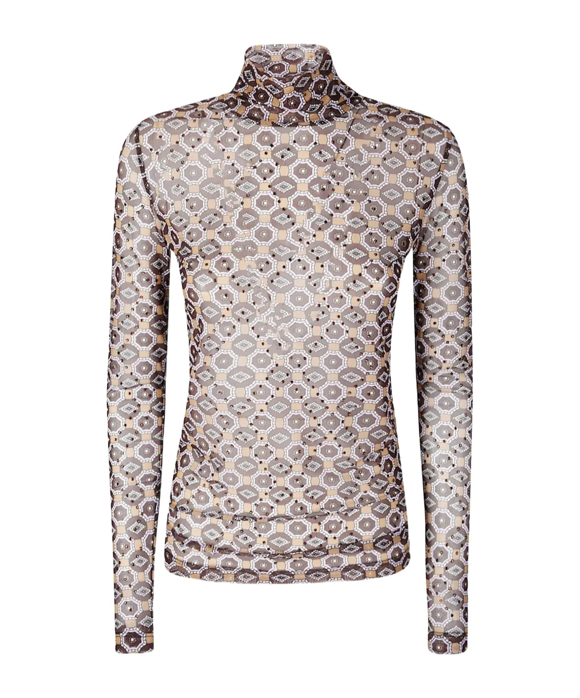 Dries Van Noten Long-fit Mesh Top With Geometric Print In Brown