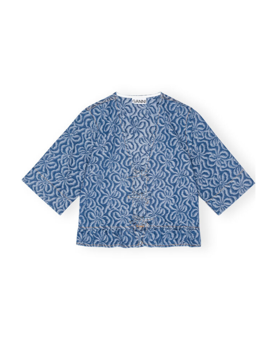 Ganni Tie-detailed Jacquard-denim Peplum Top In Blue