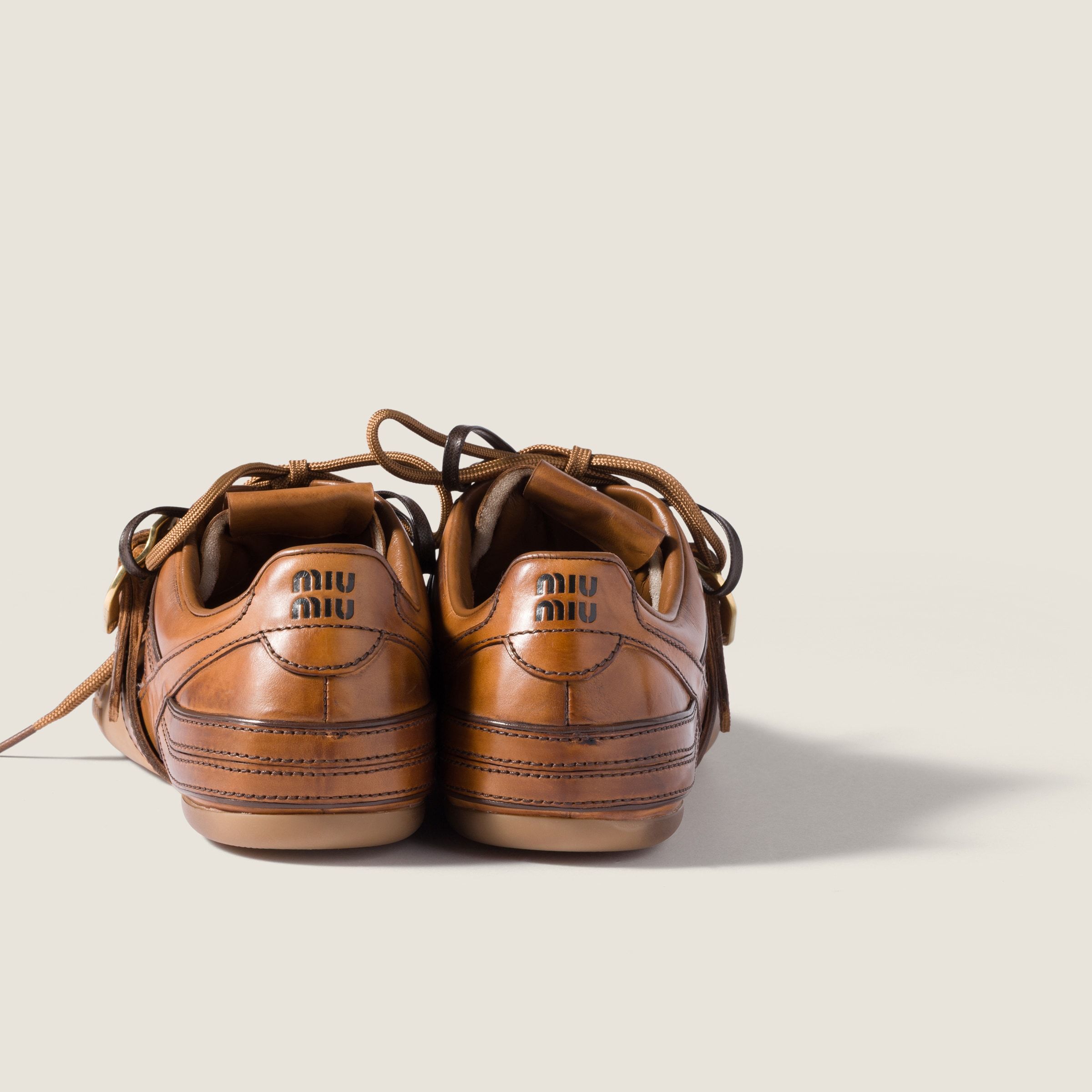 Miu Miu Cognac-colored Leather Sneakers With Buckle In Multi