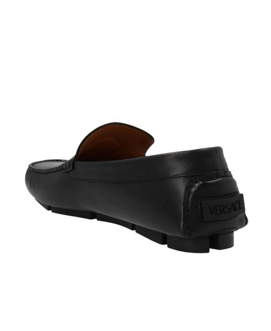 Versace Logo Plaque Leather Loafers In Black