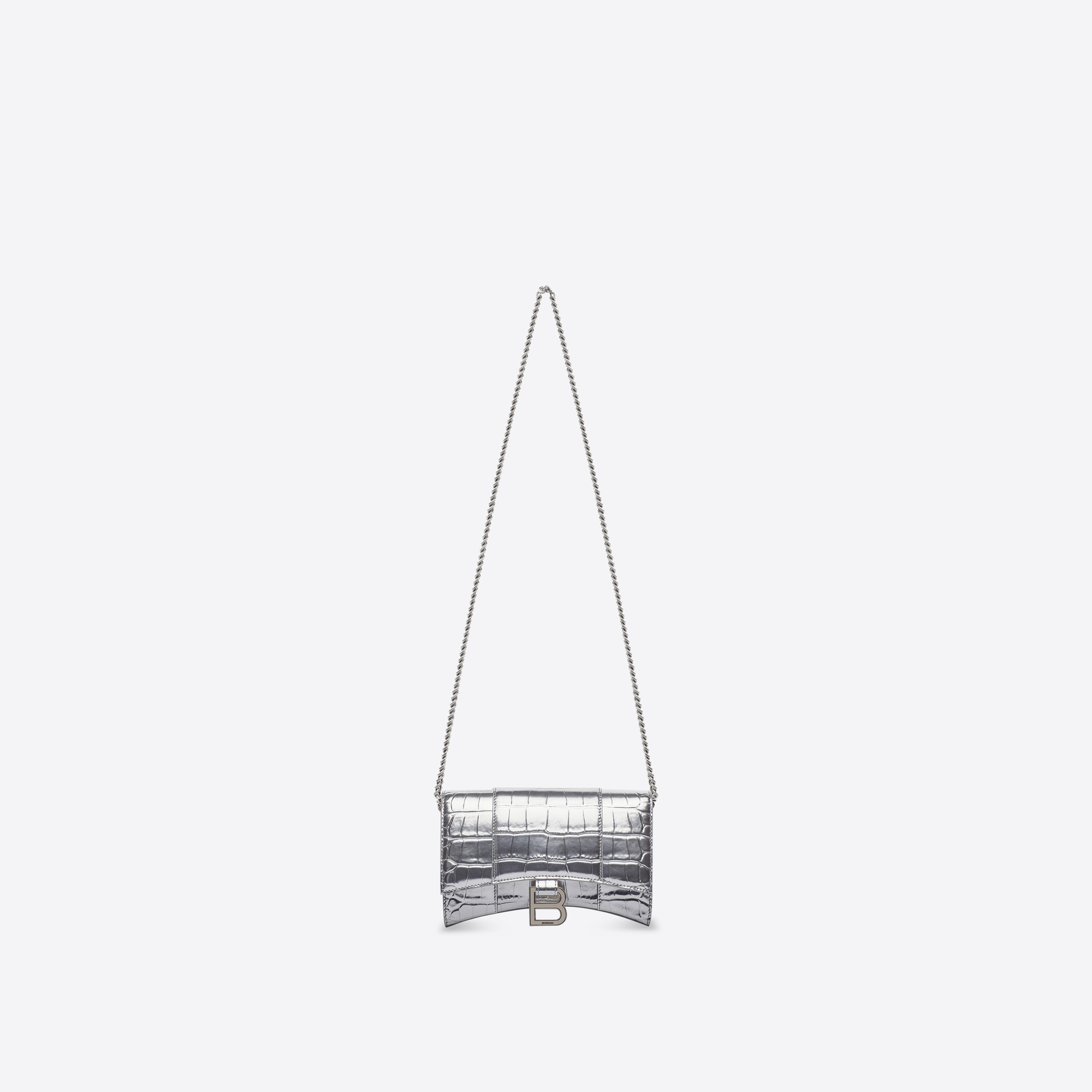 Balenciaga Hourglass Embossed Leather Chain Wallet In Silver