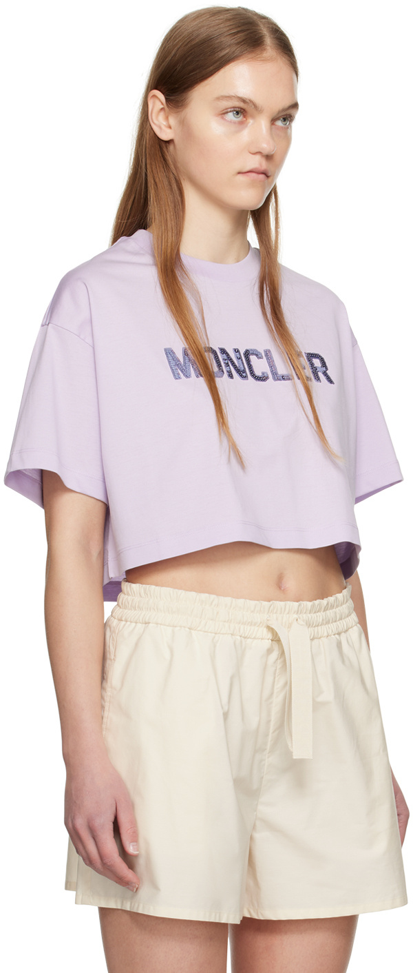 Moncler Sequin-logo Cropped T-shirt In Purple