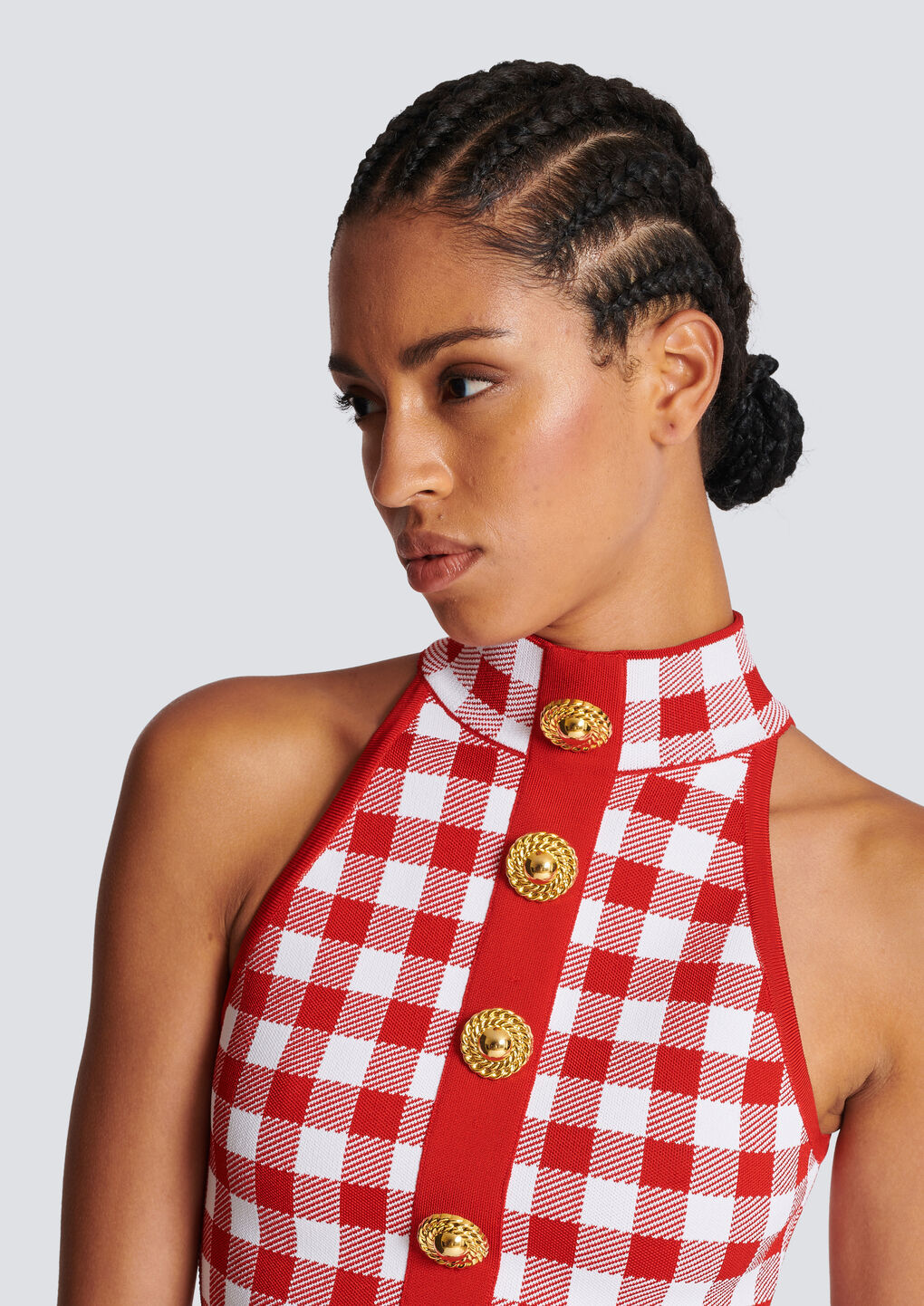 Balmain Cropped Button-embellished Gingham Knitted Top In Red