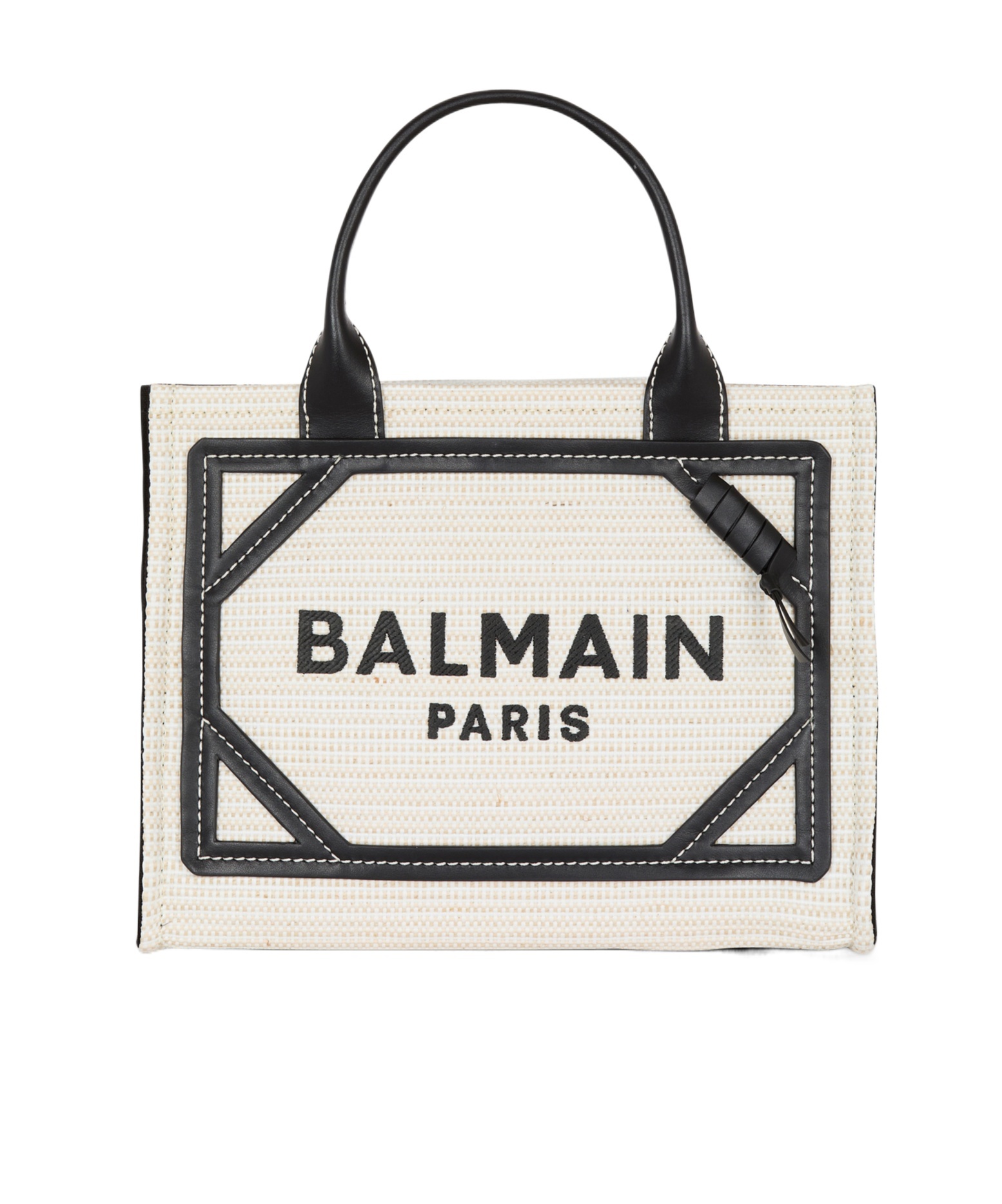 Balmain B-army Medium Shopper Tote Bag In Raffia And Leather In White