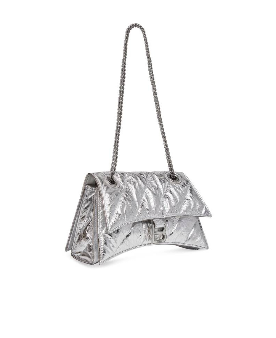 BALENCIAGA BORSA CRUSH PICCOLA TRAPUNTATA E METALLIZZATA CON CATENA DA DONNA IN ARGENTO