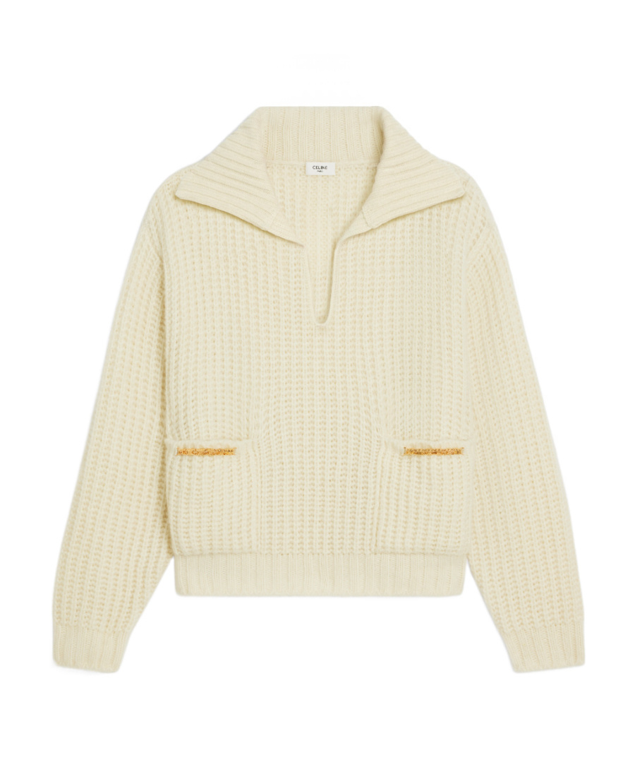 Celine Cashmere Wool Lapel Sweater In Nude