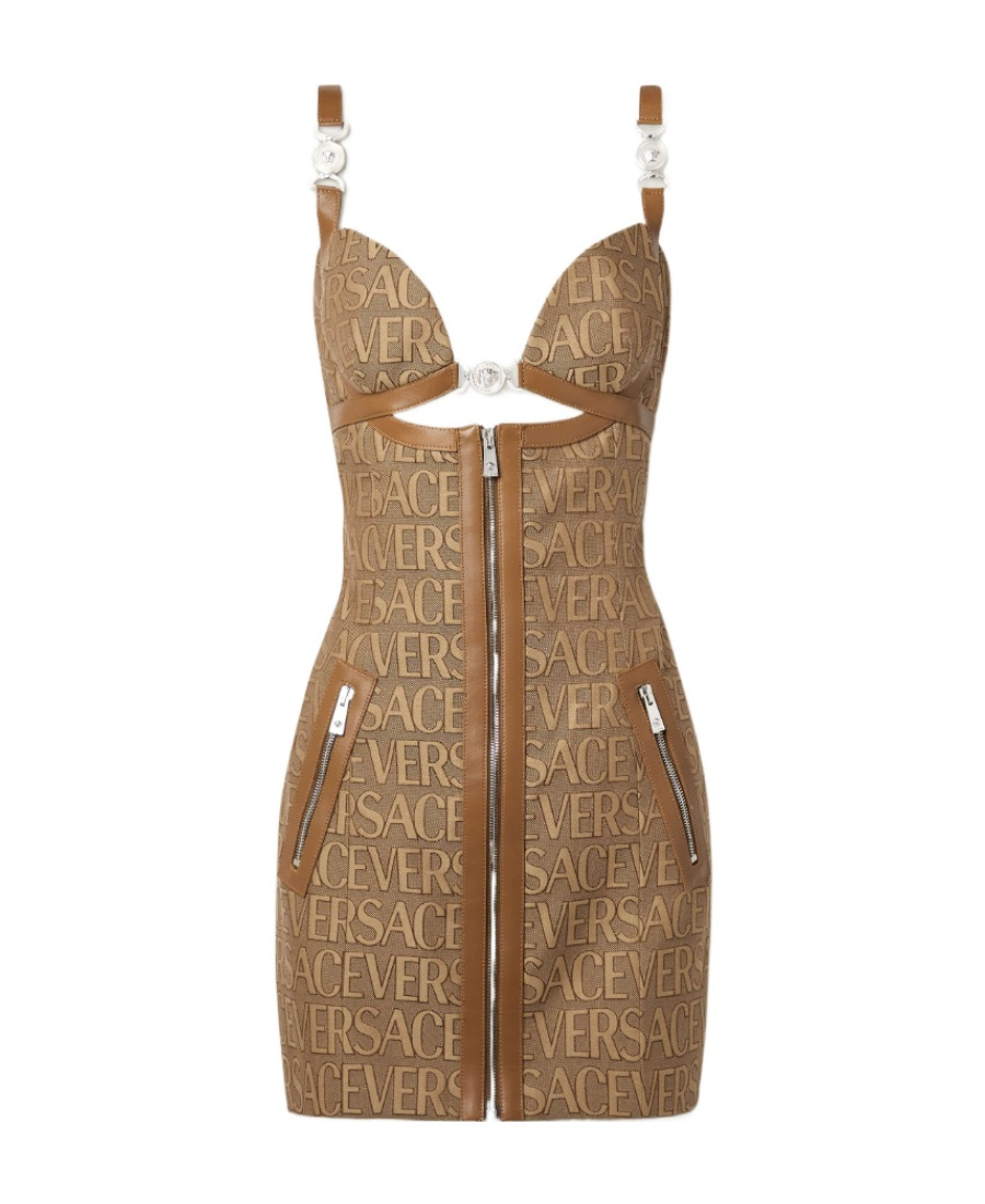 Versace Embellished Leather-trimmed Cutout Canvas-jacquard Mini Dress In Brown