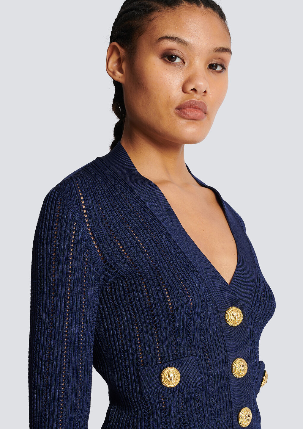 Balmain Ladies Marine Cropped Knit Cardigan In Blue