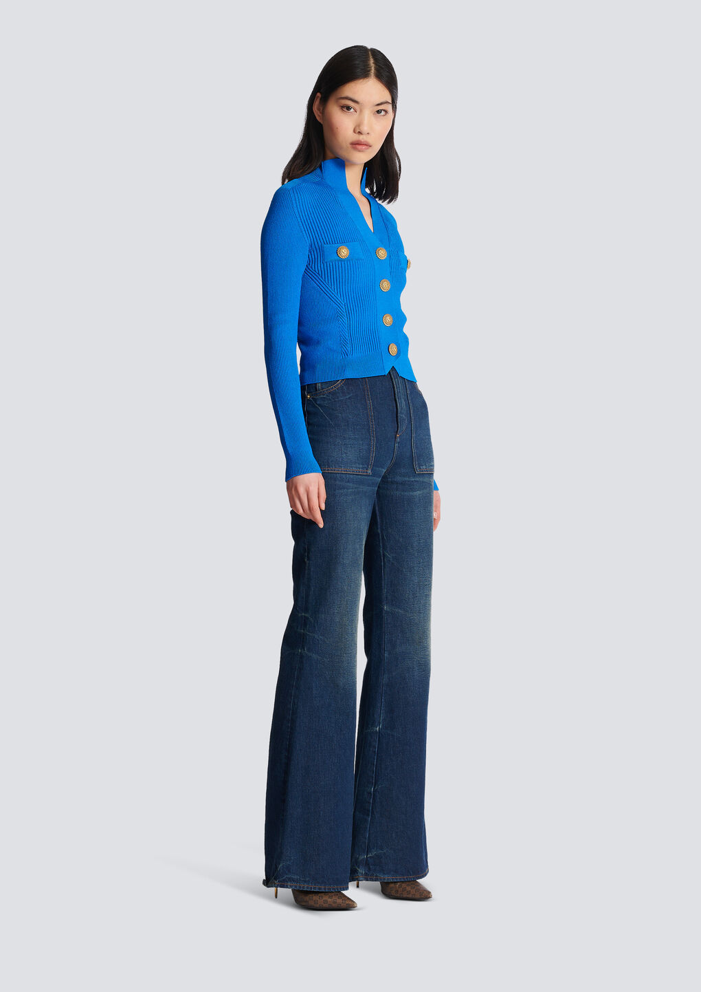 Balmain Embossed-button Ribbed Cardigan In Blue