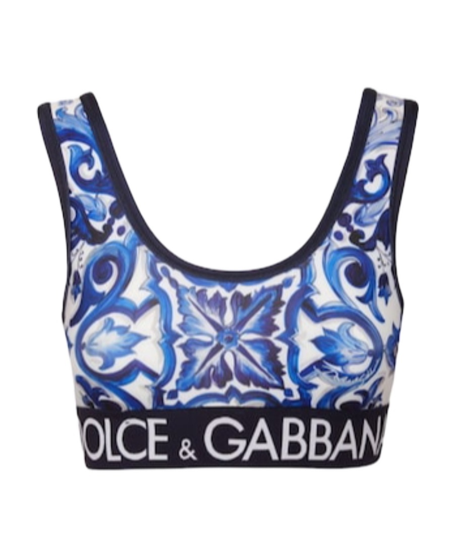 Dolce & Gabbana Logo Band Tile-print Lycra Bra Top In Blue