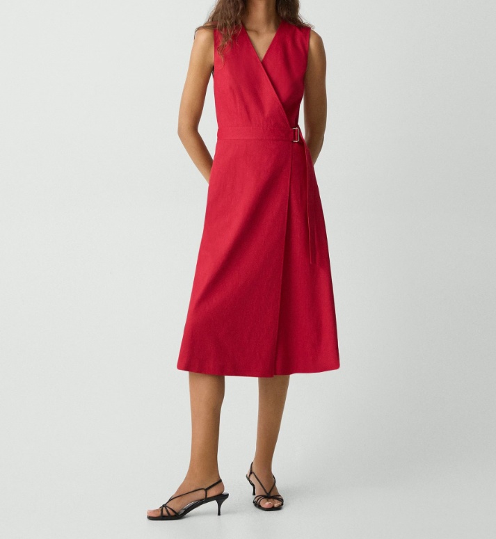 Theory Sleeveless A-line Wrap Dress In Good Linen In Cherry