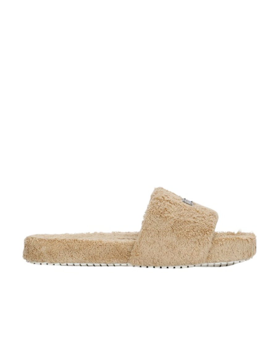 Dolce & Gabbana Terrycloth Sliders With Logo Tag In Nude