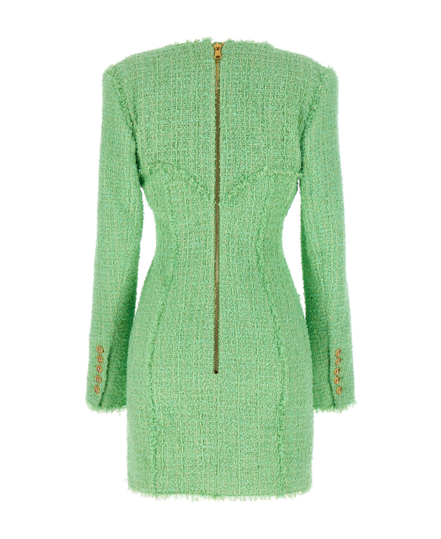 Balmain Green Logo Button Tweed Dress