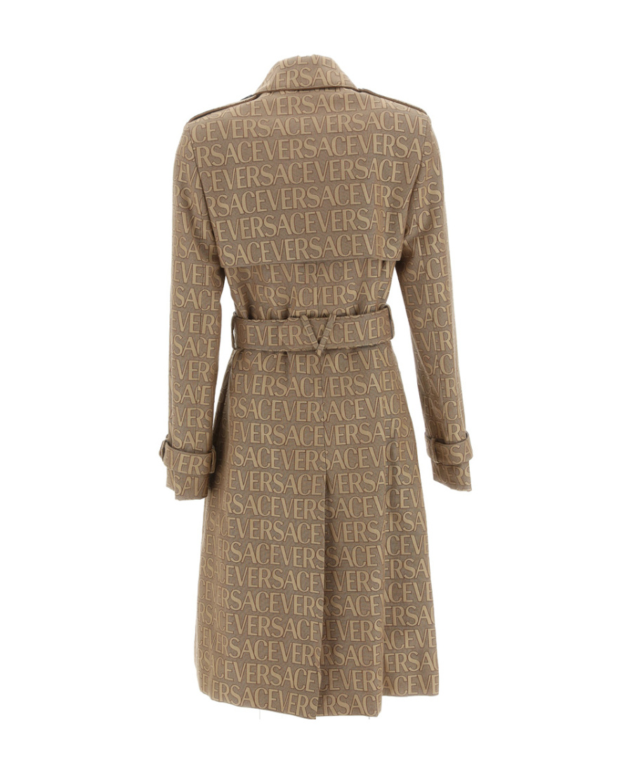 Versace All Over Logo Trench Coat In Brown
