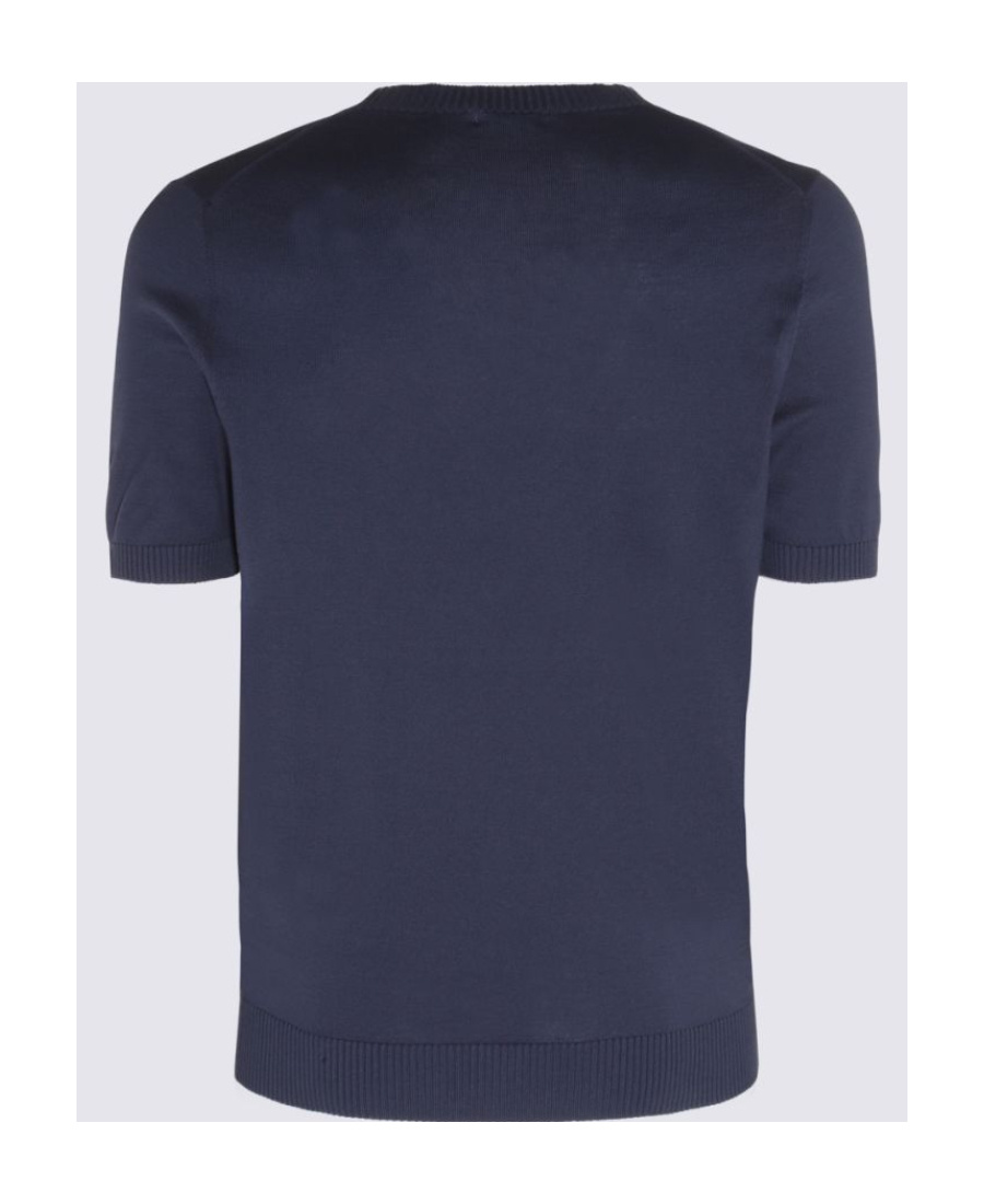 Malo Short-sleeved Blue Cotton Knit Sweater In Blue