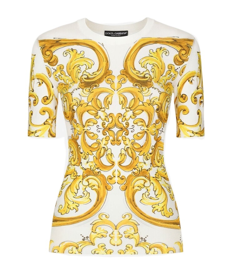 Dolce & Gabbana Short-sleeved Majolica-print Stretch Viscose Sweater In Yellow