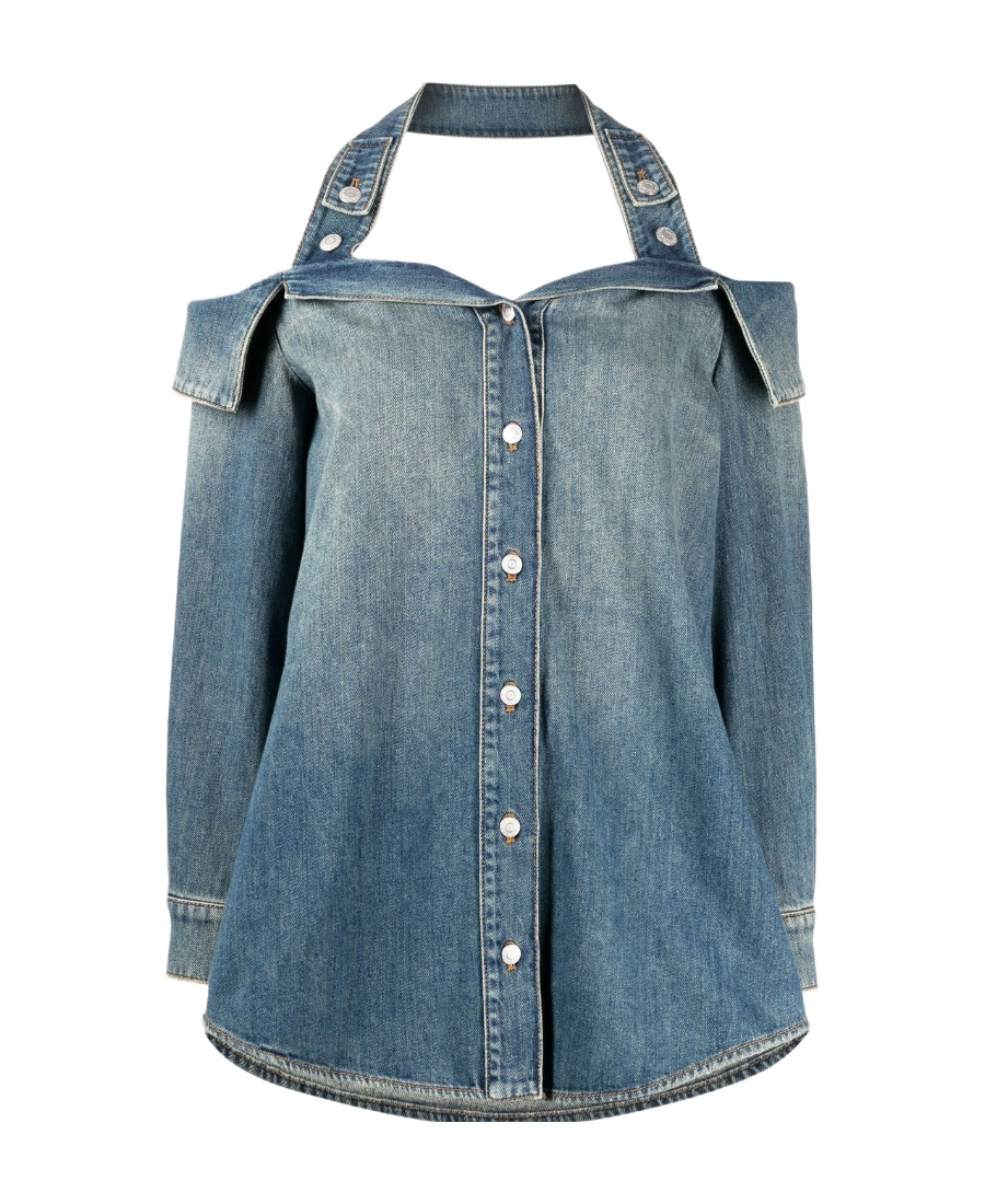 Alexander Mcqueen Halterneck Off-shoulder Denim Shirt In Blue