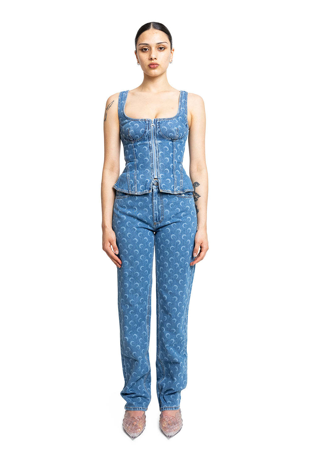 Marine Serre Crescent-moon-print Denim Top In Blue