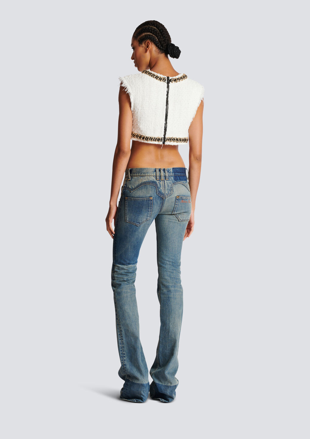 Balmain Signature-embroidered Tweed Crop Top In White