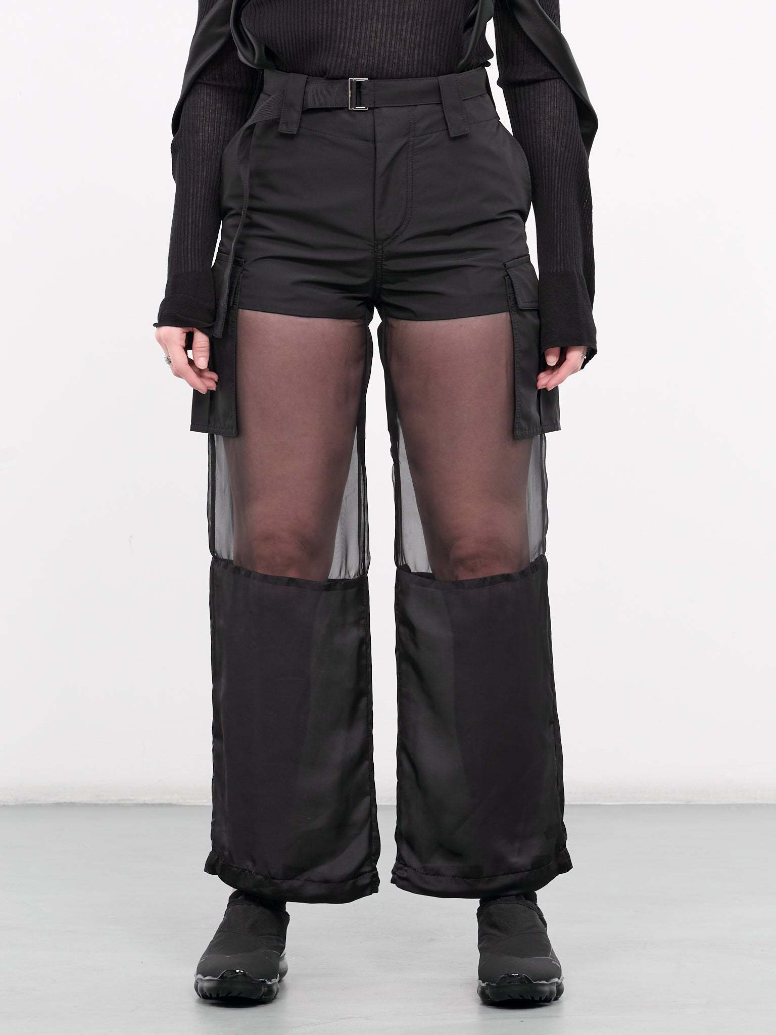 SACAI TRANSPARENT-DETAIL CARGO STRAIGHT TROUSERS 