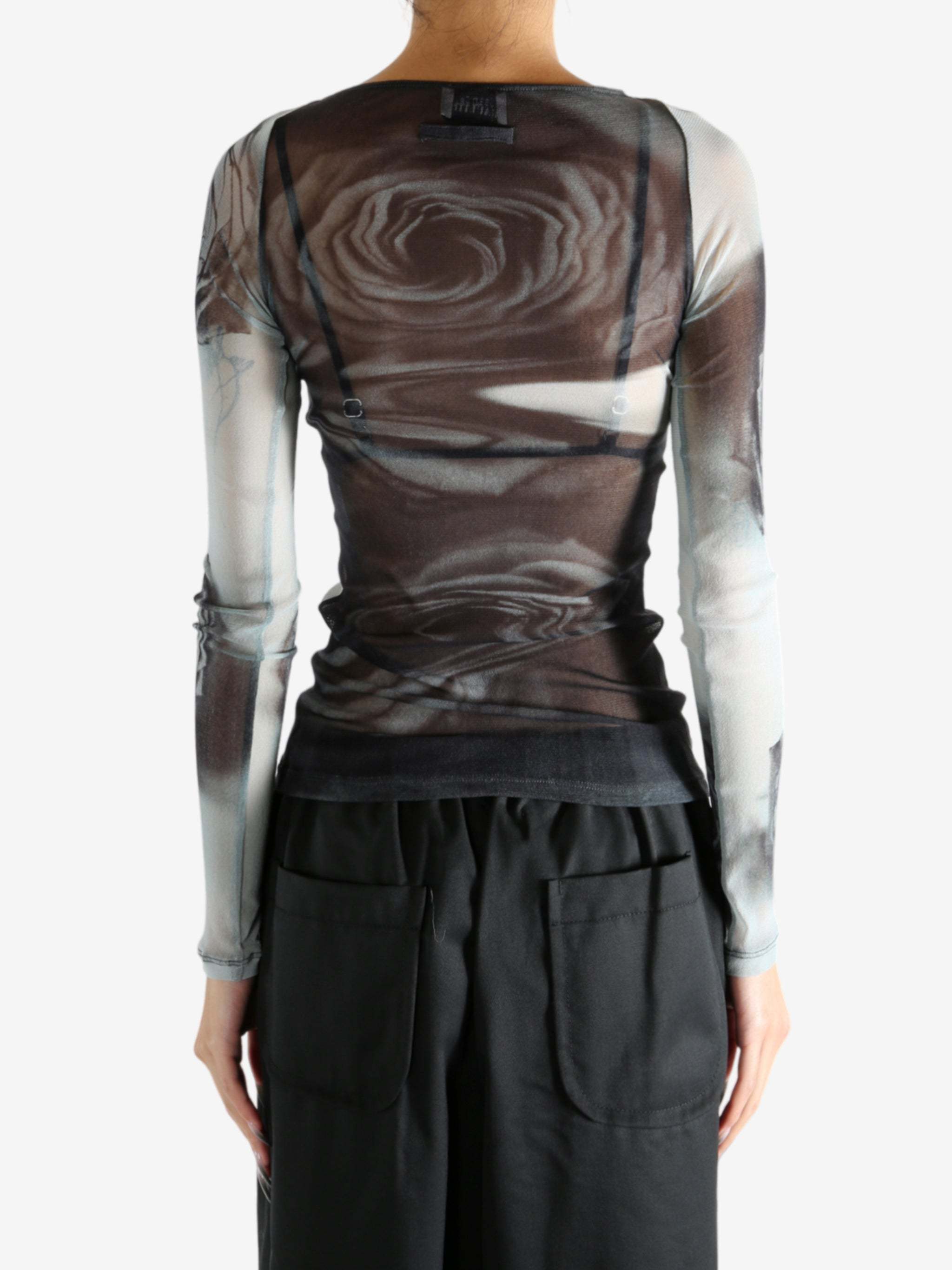Jean Paul Gaultier Rose Sheer Long Sleeve Mesh Top In Black