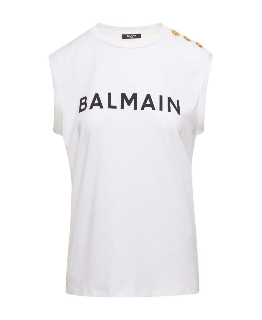 Balmain Button-detail Logo-print Tank Top In White