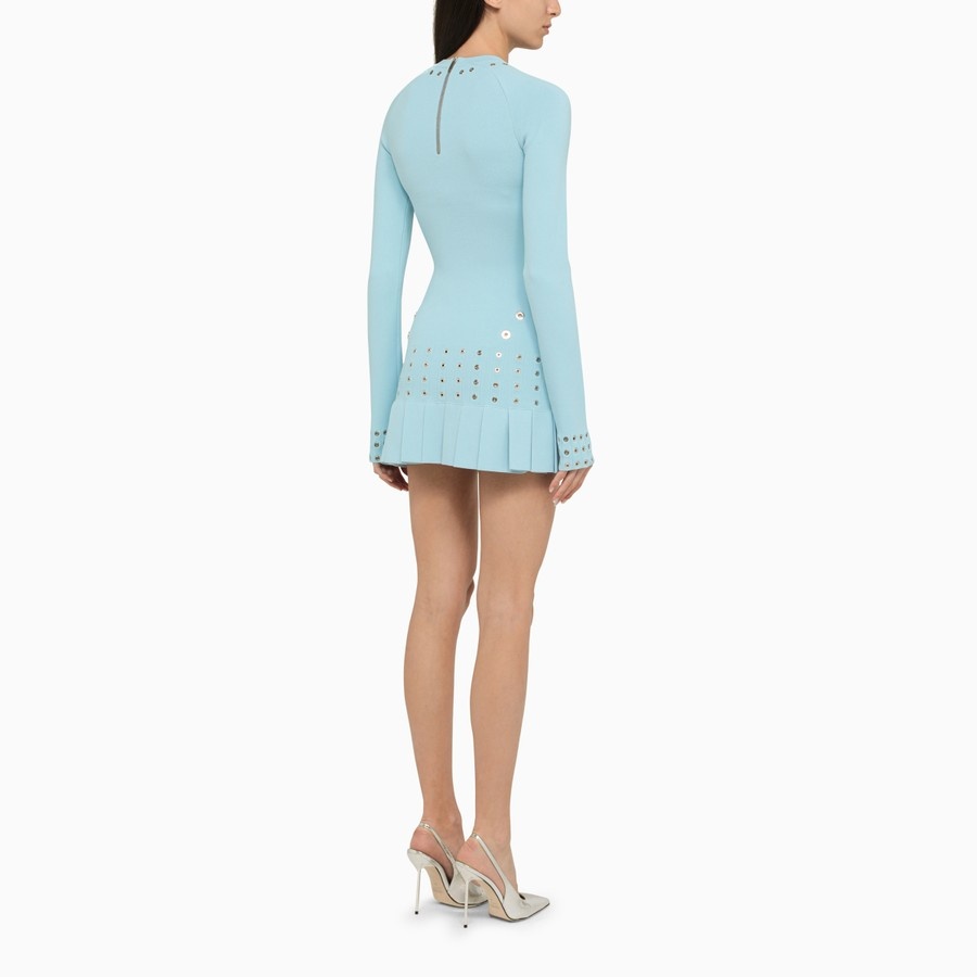 Off-white Pleated Mini Dress With Eyelets Detailing In Blue