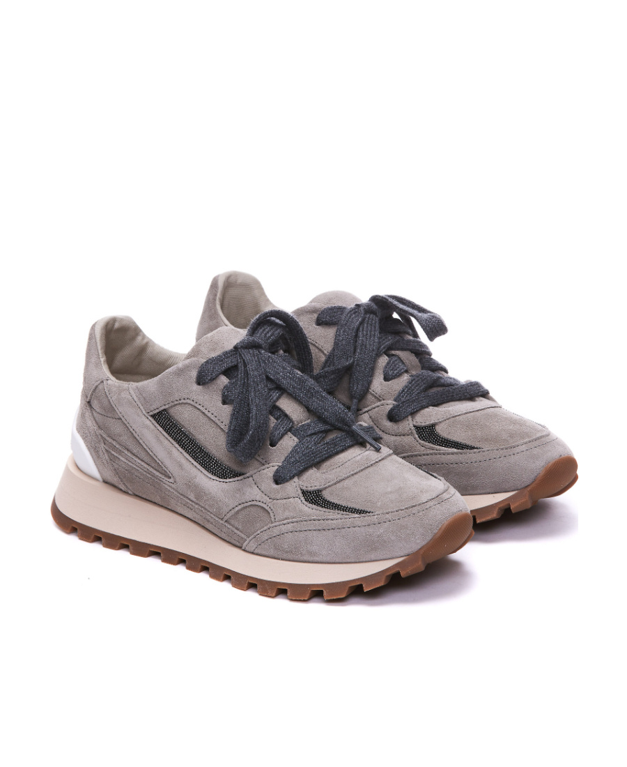 Brunello Cucinelli Embellished Suede Sneakers In Gray