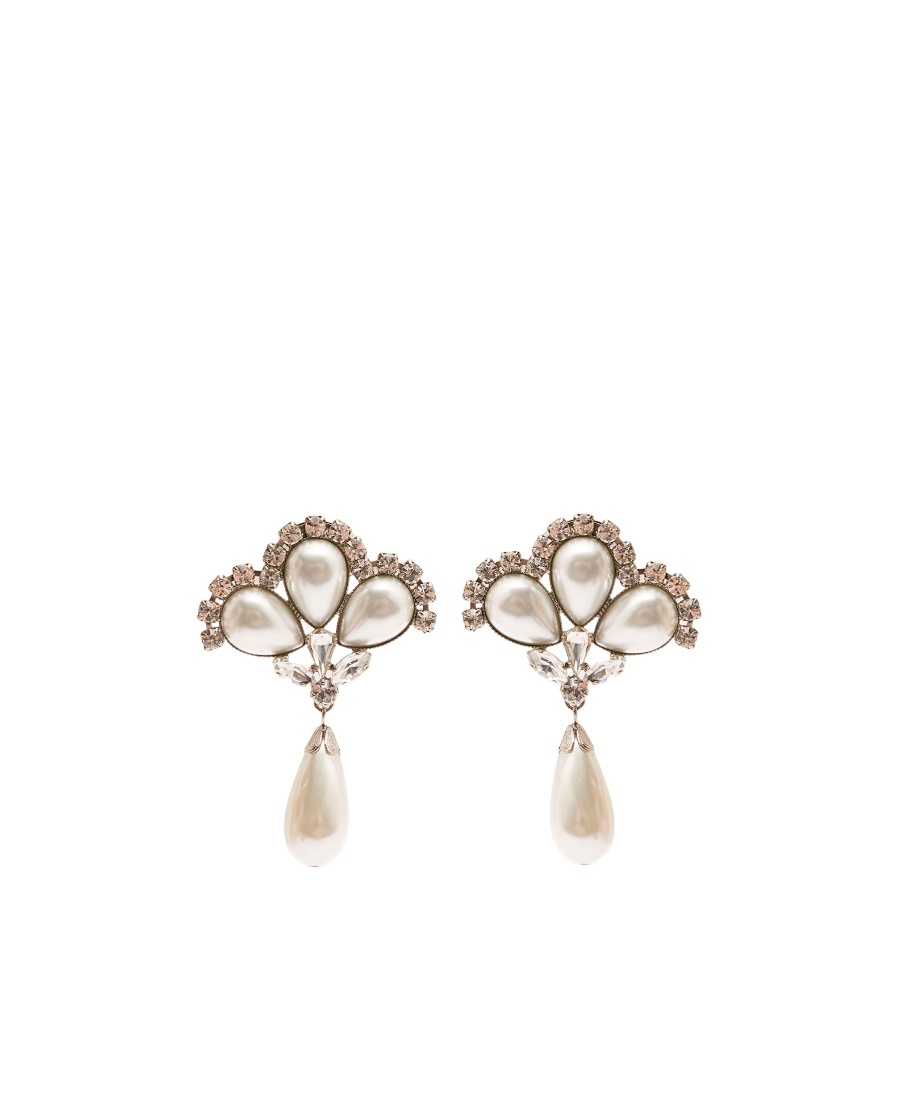 Alessandra Rich Silver-colored Clip-on Crystal Earrings With Pendant Pearl In Hypoallergenic Brass Woman In Yellow